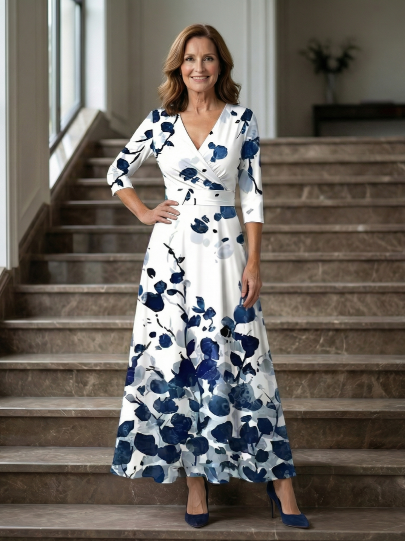 Trini | Vestido Midi Floral con Escote Cruzado y Manga Tres Cuartos