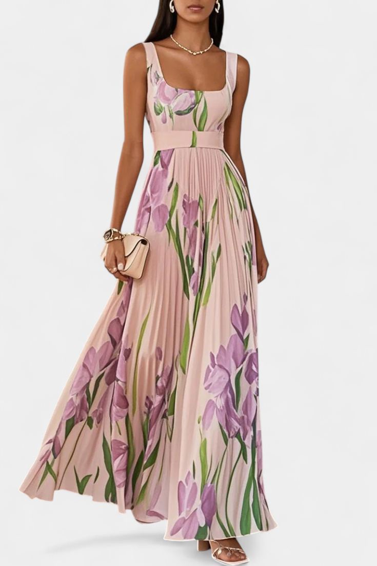 Calanthe | Vestido Largo Plisado con Estampado Floral y Escote Cuadrado