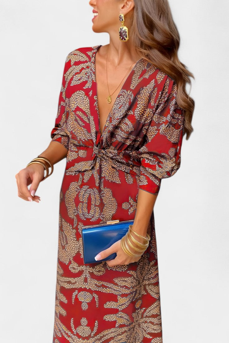 Elara | Vestido Maxi con Escote en V y Nudo Frontal