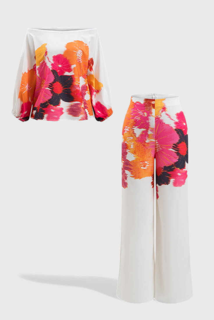 Sybella | Conjunto de Dos Piezas con Hombros Descubiertos y Pantalones Amplios Estampados