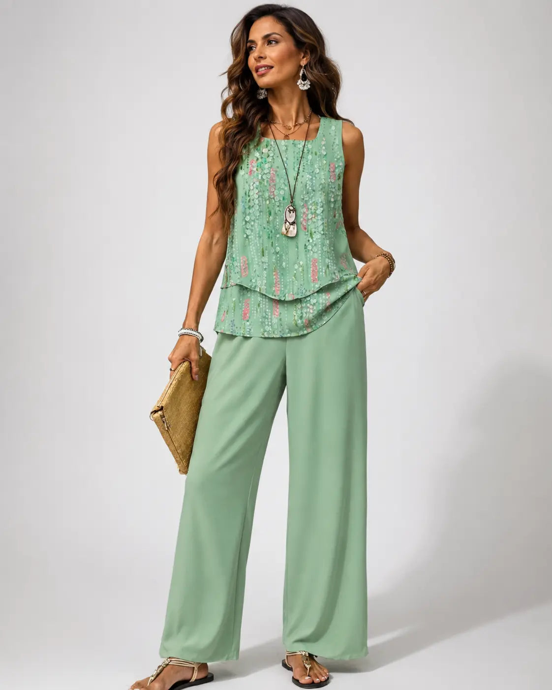 Maravillas | Conjunto Verde Menta Top en Capas y Pantalón