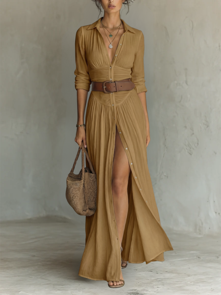 Bienvenida | VESTIDO MAXI LARGO DE LINO CON MANGAS LARGAS
