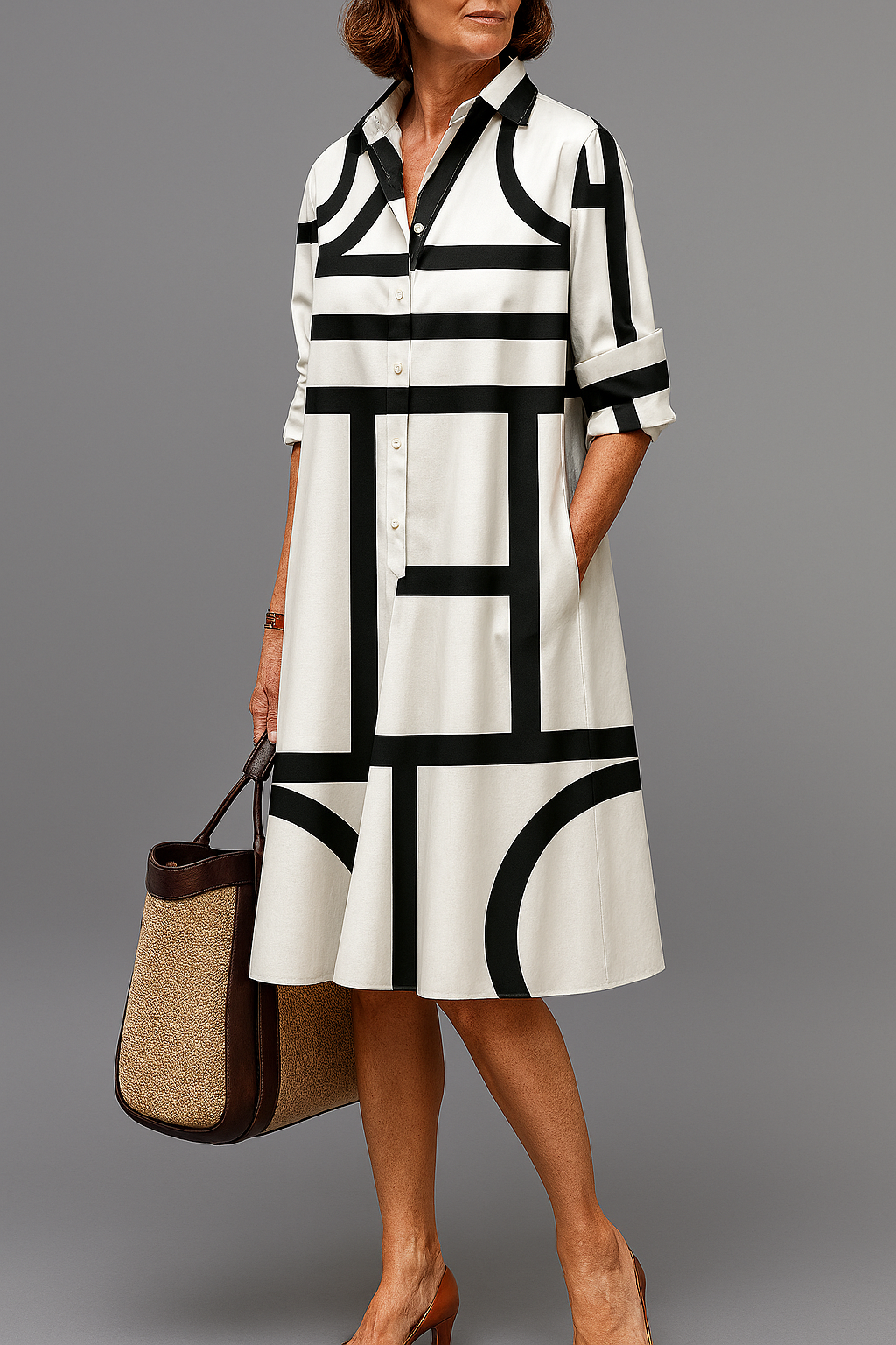 Mayte | Vestido Midi Geométrico Blanco y Negro