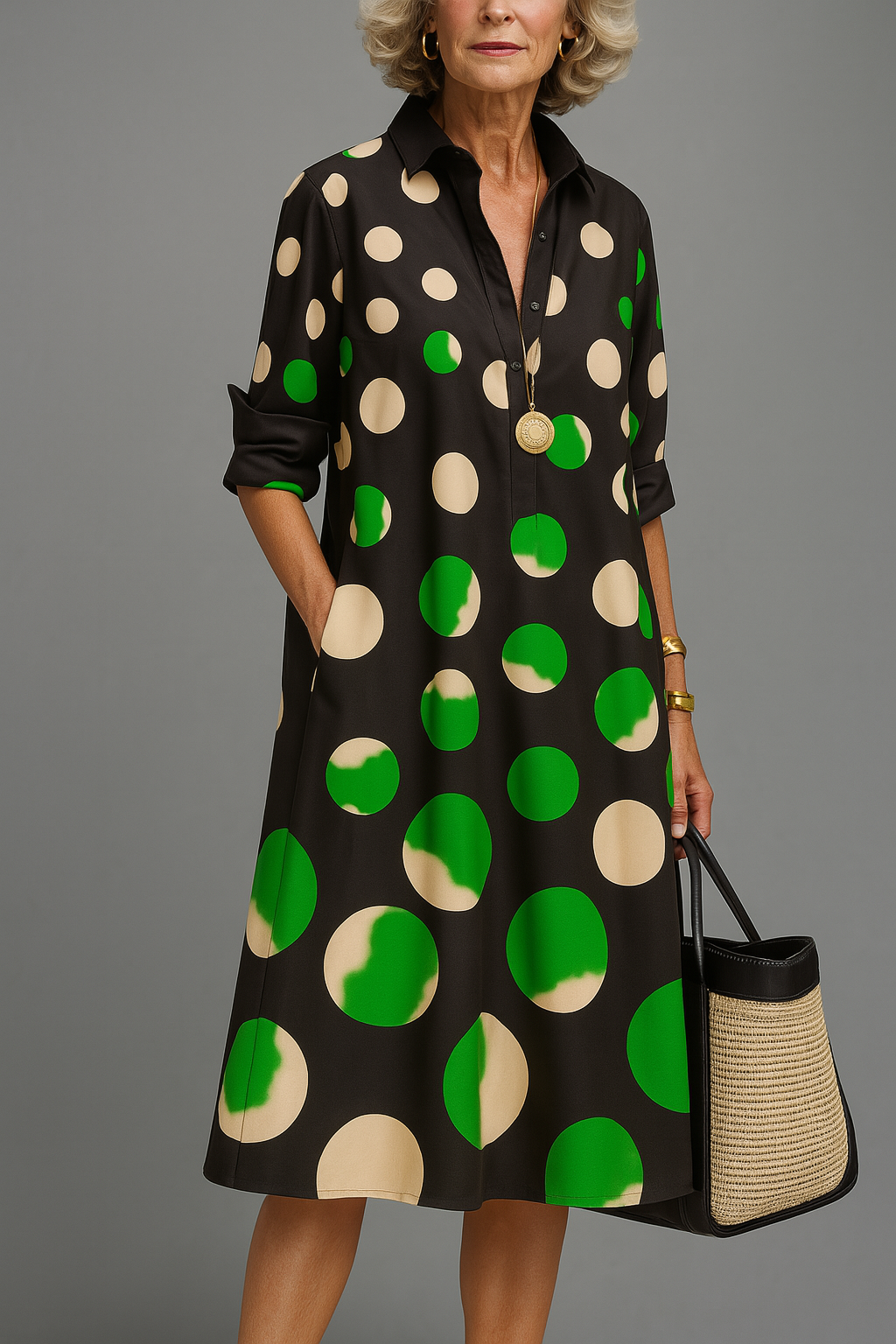 Sagrario | Vestido Midi Negro con Lunares Verdes
