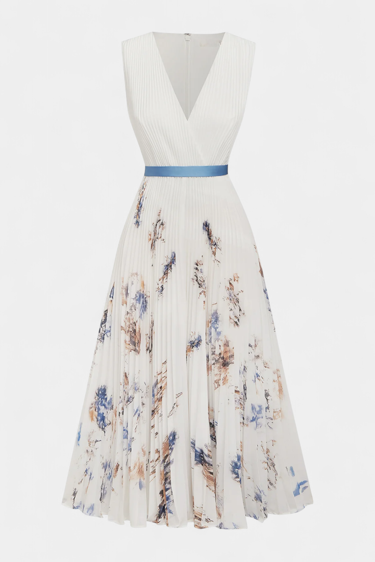Elise | Vestido Midi Sin Mangas con Estampado Floral y Plisado