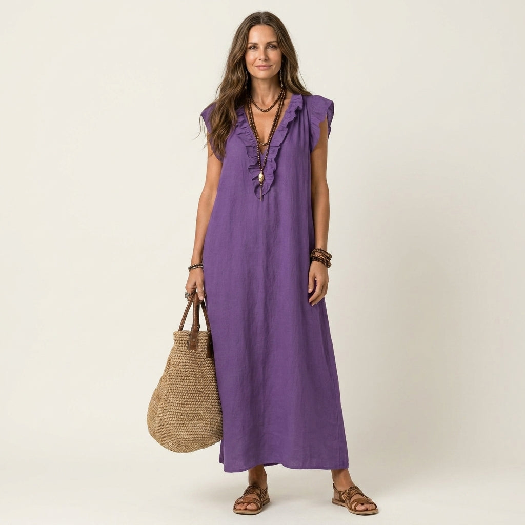 Josefina | Vestido de Lino con Volante en el Escote
