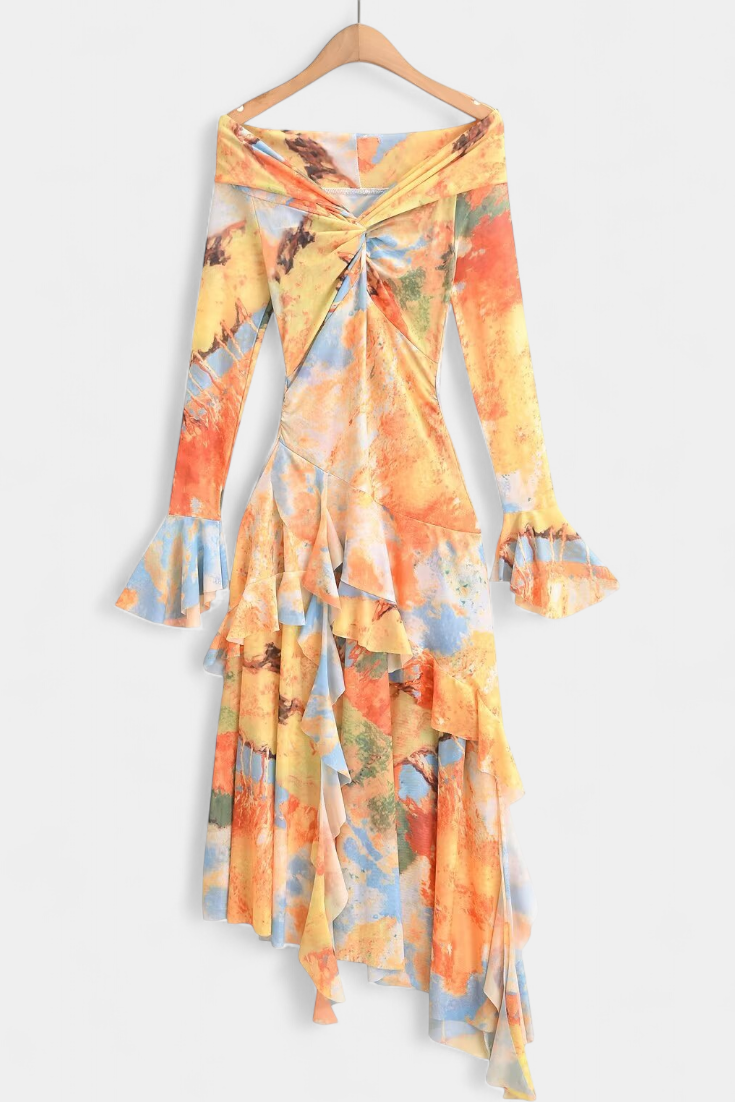 Agentha | Falda Larga Asimétrica con Estampado Tie-Dye