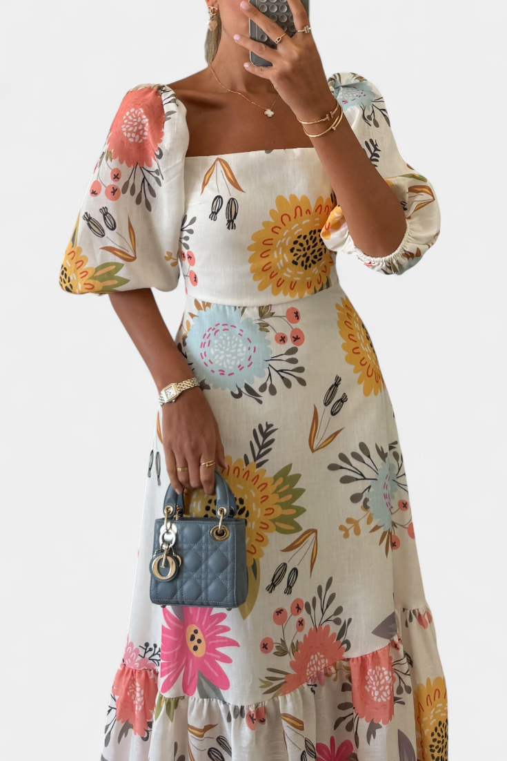 Kacey | Vestido Midi de Algodón con Estampado Floral y Manga Abullonada