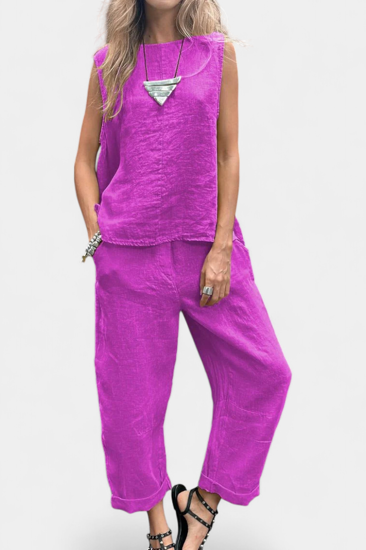 Leona | Conjunto de Chaleco y Pantalón Sin Mangas en Algodón Lino