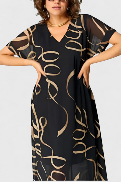 Allegra | Vestido Negro con Estampado Abstracto en Oro y Escote en V