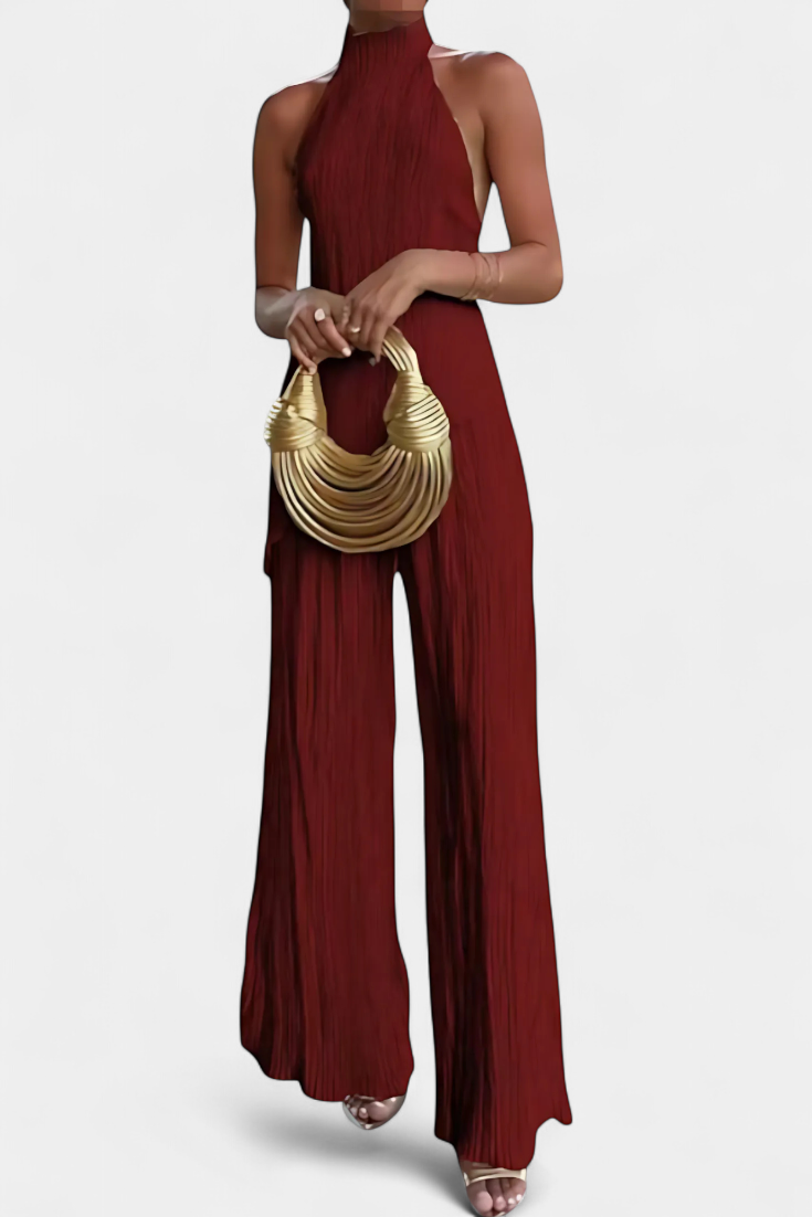 Pilarica | Conjunto Plisado con Top Asimétrico Halter y Pantalón Fluido