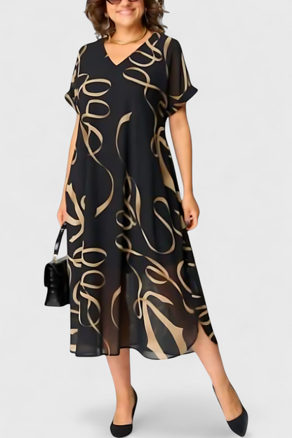 Allegra | Vestido Negro con Estampado Abstracto en Oro y Escote en V