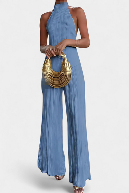 Pilarica | Conjunto Plisado con Top Asimétrico Halter y Pantalón Fluido