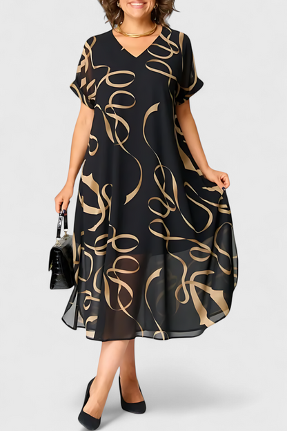 Allegra | Vestido Negro con Estampado Abstracto en Oro y Escote en V