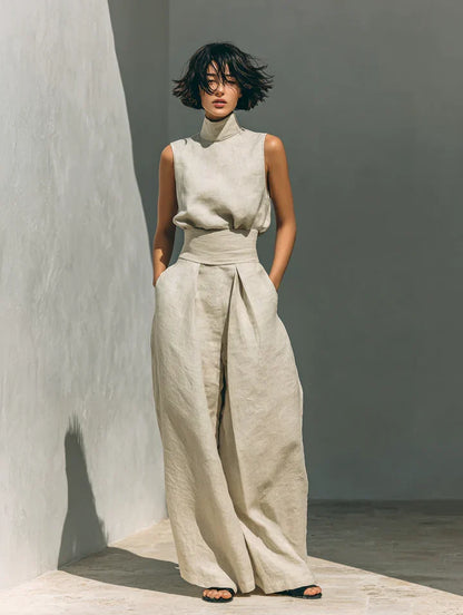 Flor | Conjunto minimalista de blusa sin mangas y pantalón de pernera ancha en algodón y lino para mujer