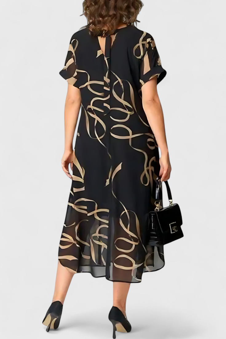 Allegra | Vestido Negro con Estampado Abstracto en Oro y Escote en V