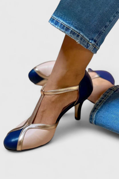 Caetana | Sandalia de Tacón Bicolor con Tira en T