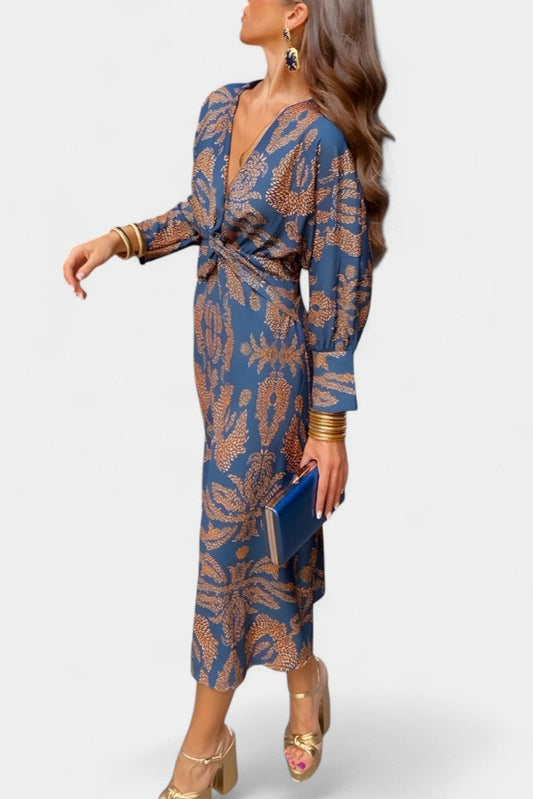 Elara | Vestido Maxi con Escote en V y Nudo Frontal