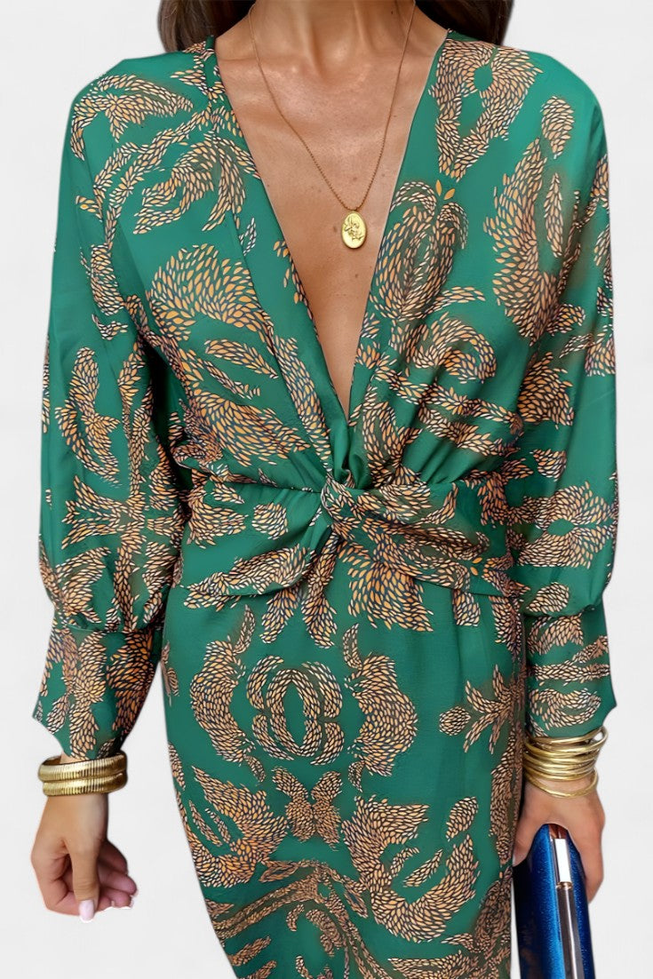 Elara | Vestido Maxi con Escote en V y Nudo Frontal