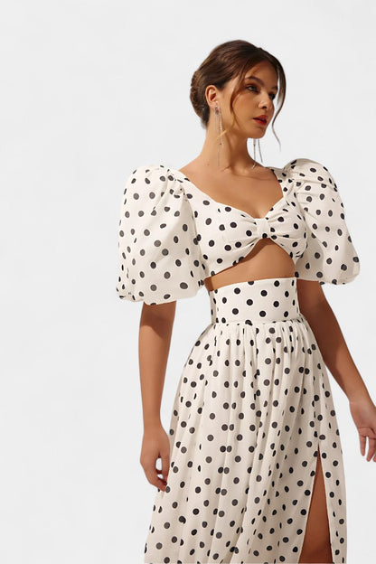 Sherine | Conjunto de Falda y Top de Lunares con Mangas Abullonadas