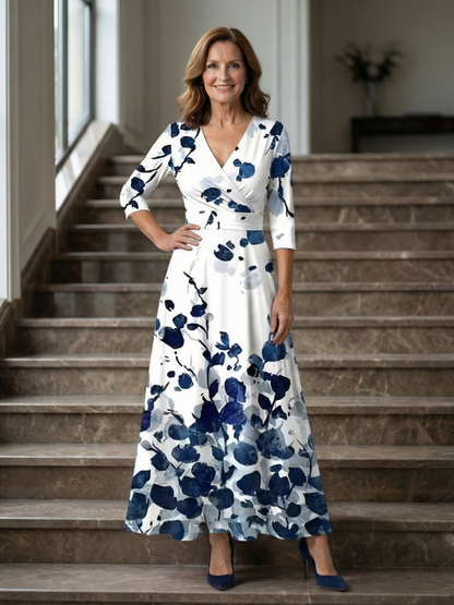 Trini | Vestido Midi Floral con Escote Cruzado y Manga Tres Cuartos