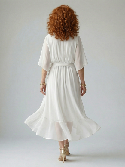 Petrona | Vestido Midi Drapeado con Cinturón y Manga Codo