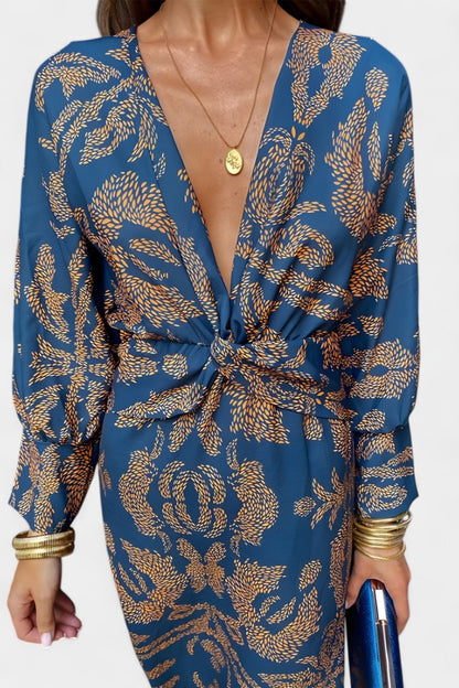 Elara | Vestido Maxi con Escote en V y Nudo Frontal