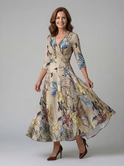 Trini | Vestido Midi Floral con Escote Cruzado y Manga Tres Cuartos