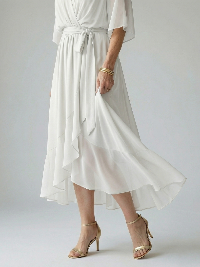 Petrona | Vestido Midi Drapeado con Cinturón y Manga Codo