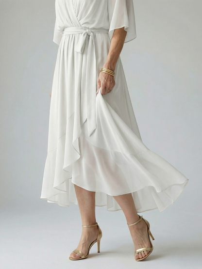 Petrona | Vestido Midi Drapeado con Cinturón y Manga Codo