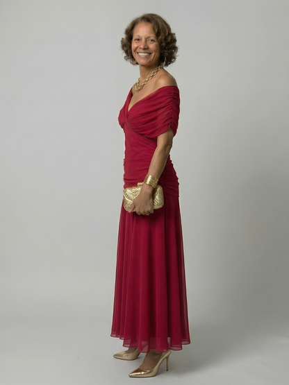 Calena | Vestido Midi Off-Shoulder con Escote Drapeado
