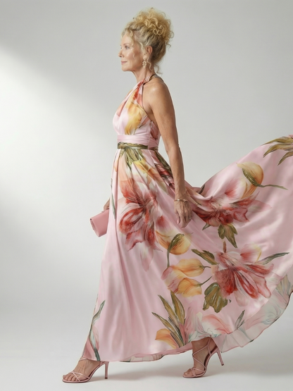 Amiela | Vestido Maxi Halter con Estampado Floral Grande