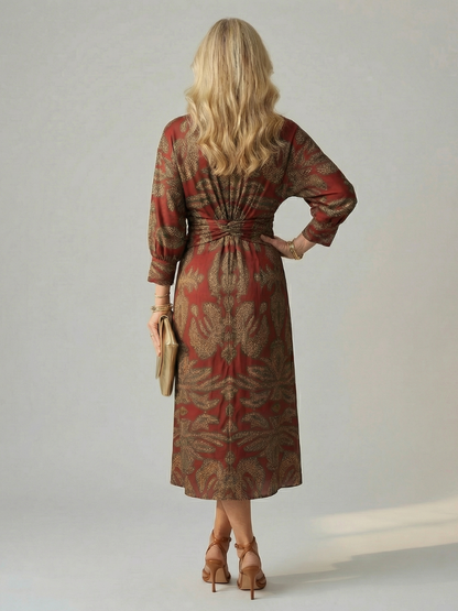 Luna | Vestido Midi Cruzado de Manga Larga con Estampado Natural