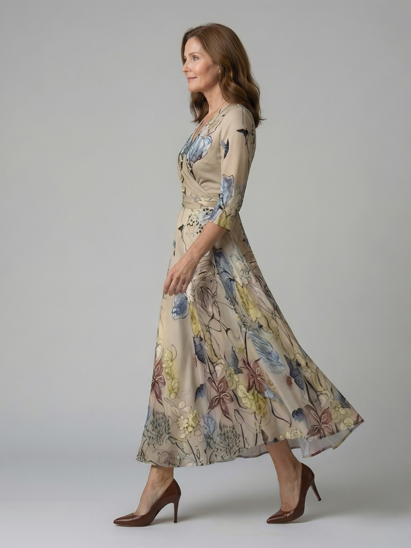 Trini | Vestido Midi Floral con Escote Cruzado y Manga Tres Cuartos