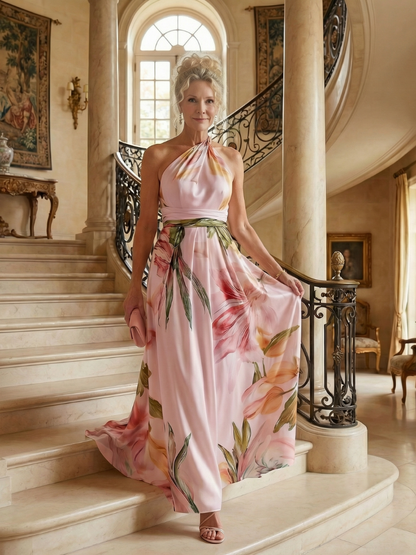 Amiela | Vestido Maxi Halter con Estampado Floral Grande