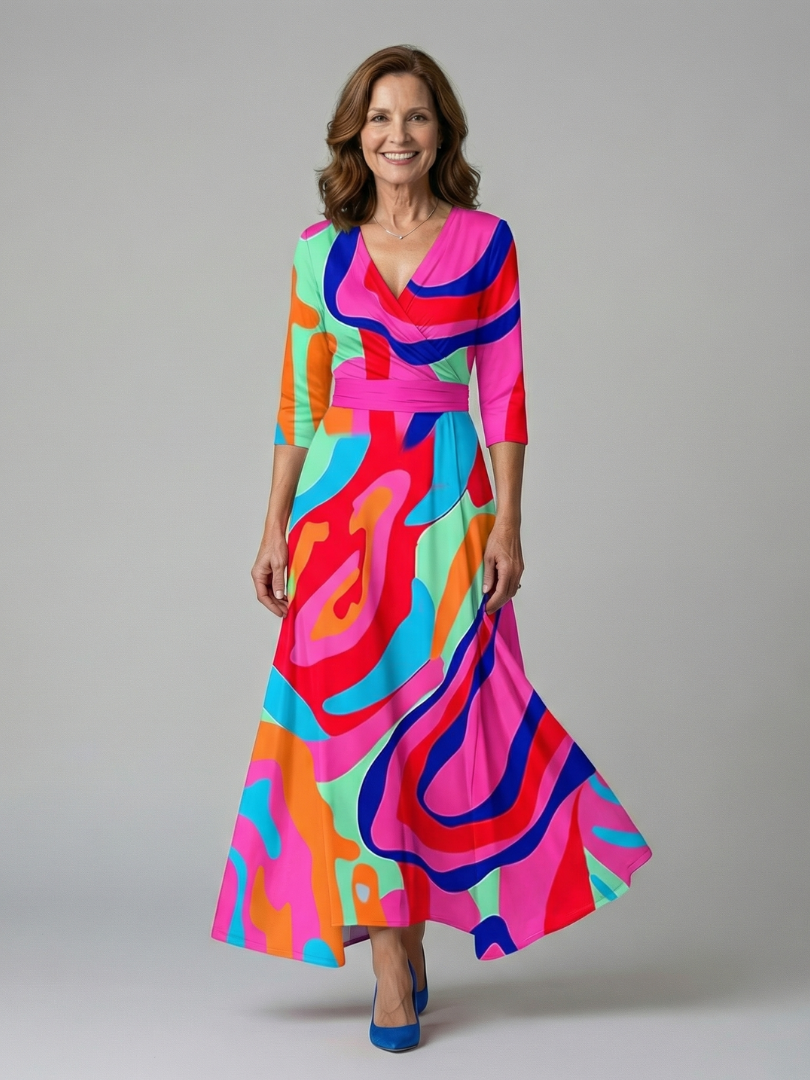 Trini | Vestido Midi Floral con Escote Cruzado y Manga Tres Cuartos