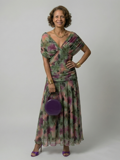 Calena | Vestido Midi Off-Shoulder con Escote Drapeado