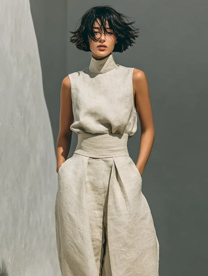 Flor | Conjunto minimalista de blusa sin mangas y pantalón de pernera ancha en algodón y lino para mujer