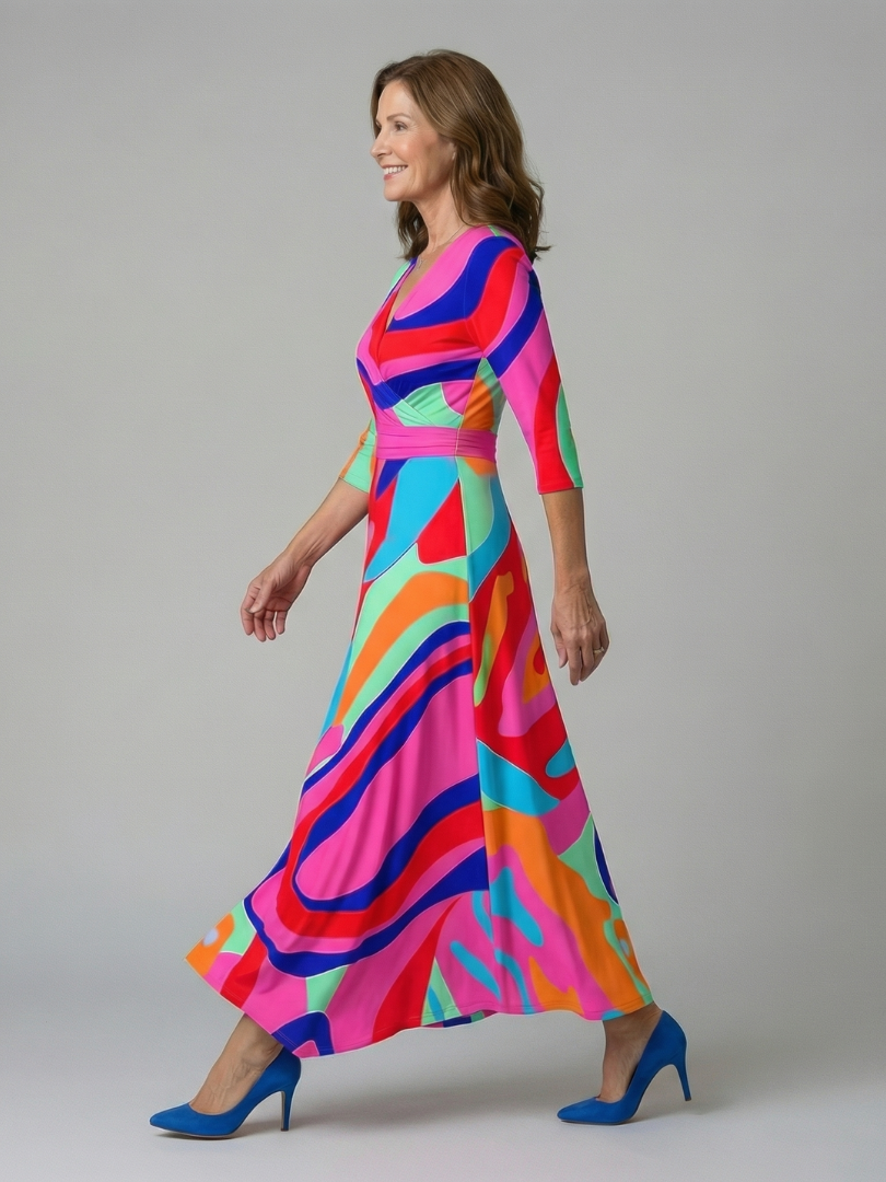 Trini | Vestido Midi Floral con Escote Cruzado y Manga Tres Cuartos