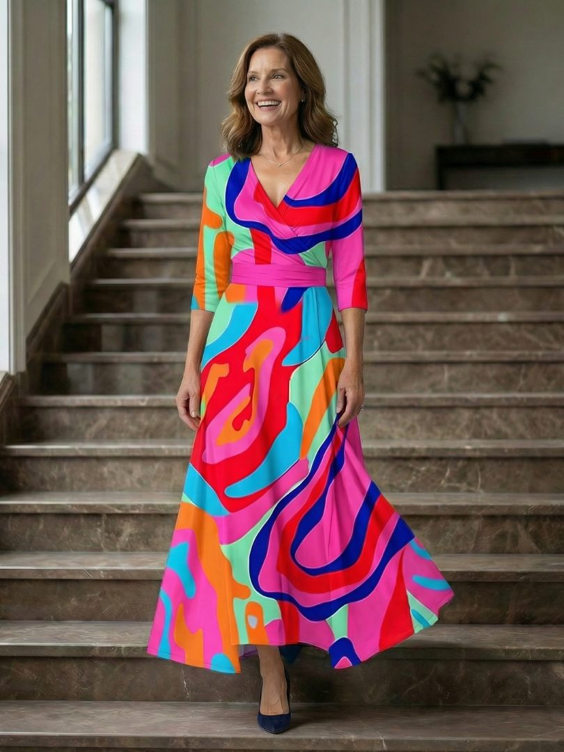 Trini | Vestido Midi Floral con Escote Cruzado y Manga Tres Cuartos