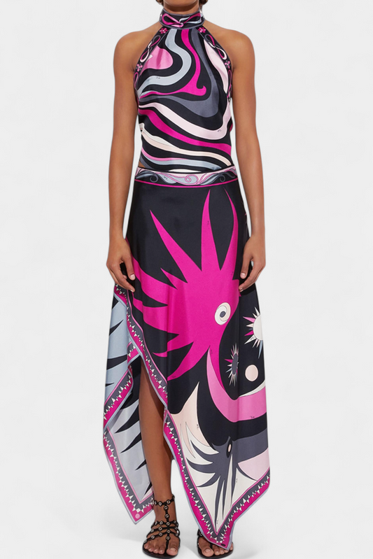 Ciana | Conjunto Satén con Falda Abstracta y Top Halter