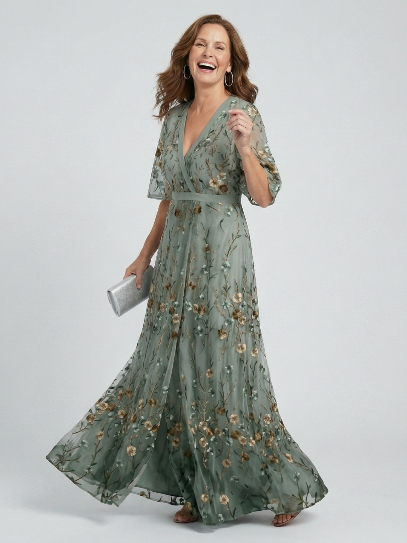 Bianca-Kelly | Vestido Maxi Halter Floral en Verde Salvia