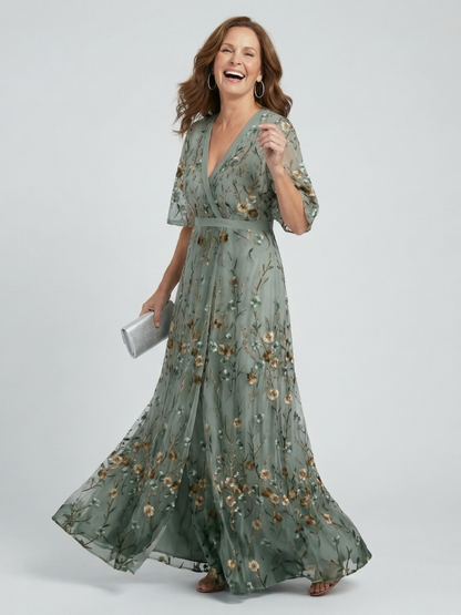 Bianca-Kelly | Vestido Maxi Halter Floral en Verde Salvia