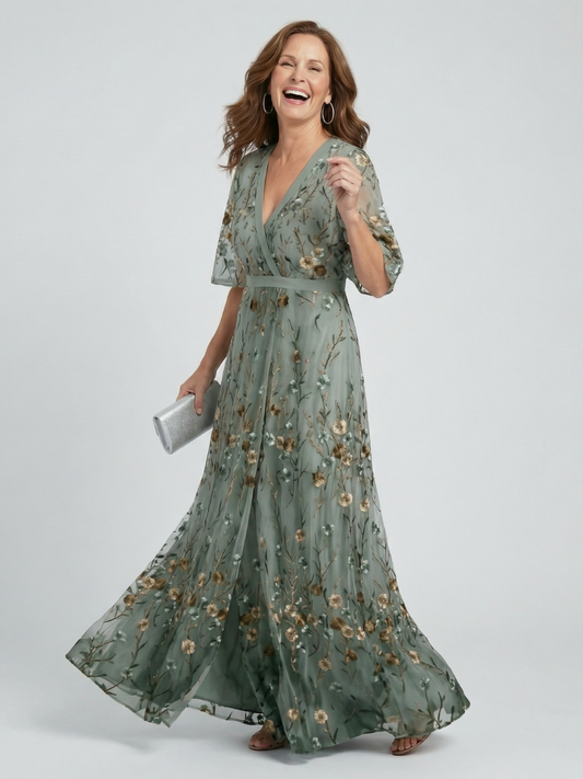 Bianca-Kelly | Vestido Maxi Halter Floral en Verde Salvia