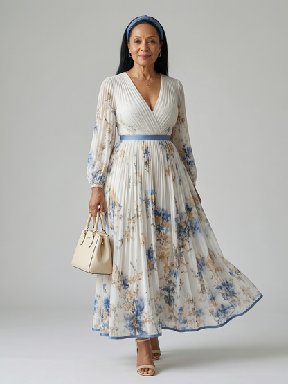 Riana | Vestido Midi Cruzado Floral con Falda Plisada y Manga Larga