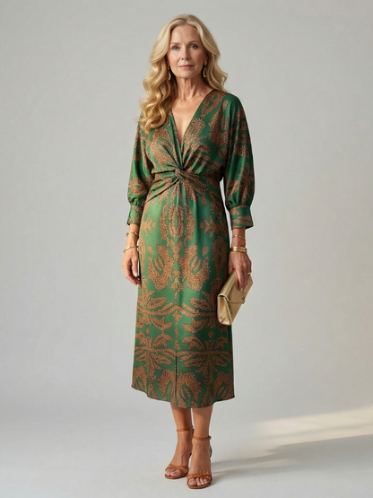 Luna | Vestido Midi Cruzado de Manga Larga con Estampado Natural