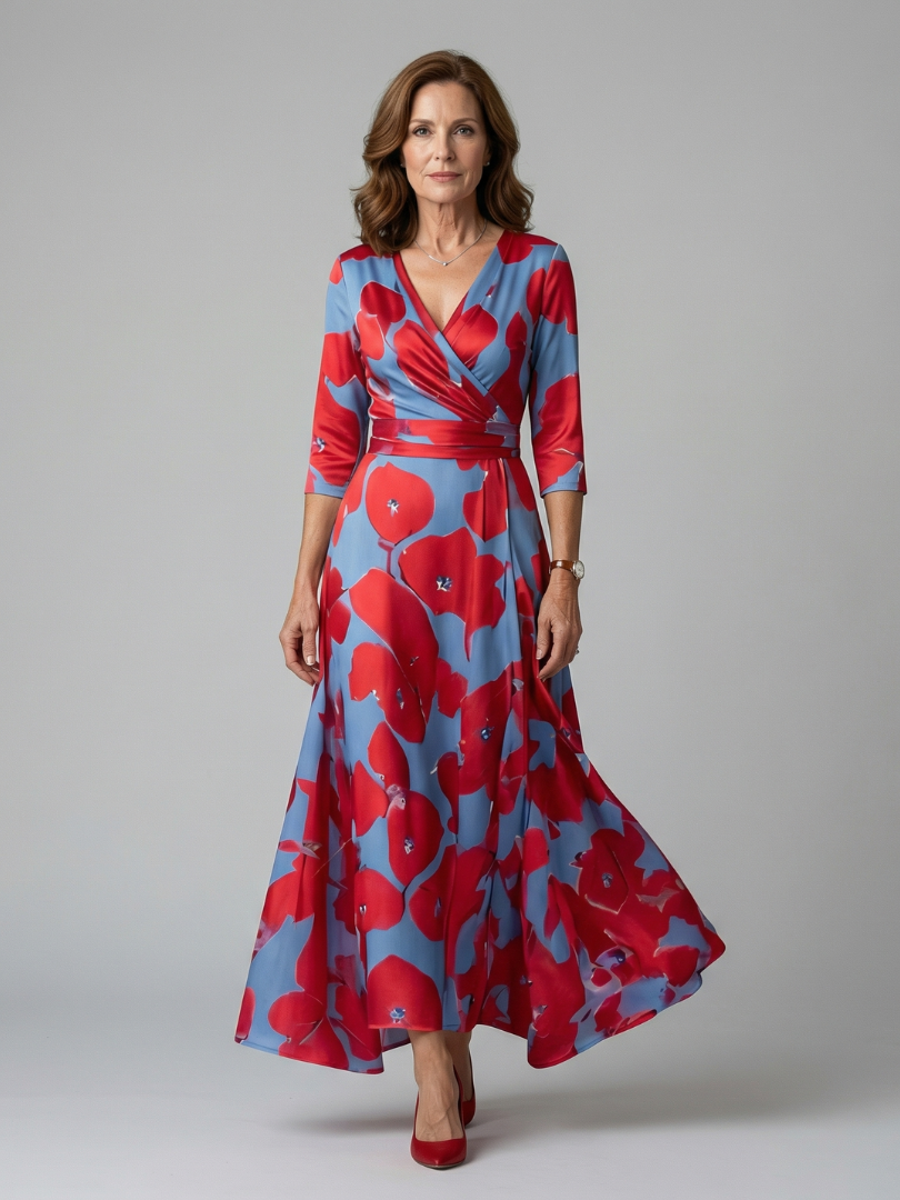 Trini | Vestido Midi Floral con Escote Cruzado y Manga Tres Cuartos