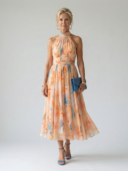 Elina | Vestido Midi Halter con Detalle Fruncido