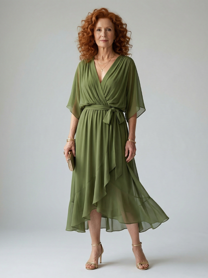 Petrona | Vestido Midi Drapeado con Cinturón y Manga Codo
