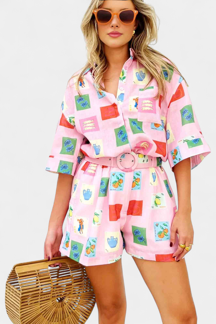 Mariluz | Conjunto de Camisa y Shorts con Estampado Rosa